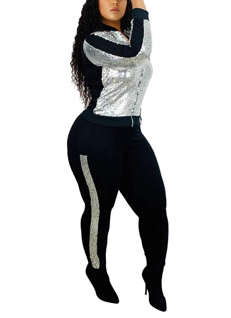 SIAEAMRG Women 2 Piece Glitter Sequin Outfits Tracksuit, Long Sleeve Jacket Tops Bodycon Long Pants Sparkle Sweatsuit Club Wear (XL, Silver) - Image 2